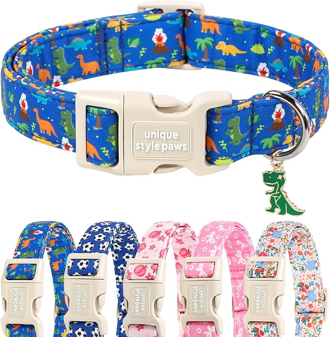 Unique style paws Dog Collar Plastic Buckle with Pendant Puppy Collar for Spring Summer Dinosaur Volcano Coconut Tree for Small Medium Large Boys Girls Dogs