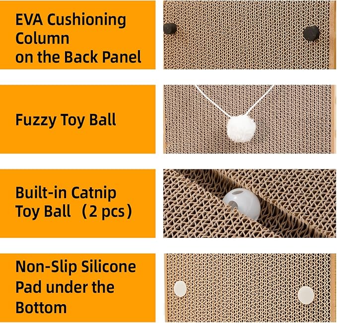27.6 Inch Reinforced Cat Scratcher, L-Shaped Wall Mount Scratching Post with 2 Catnip Balls & 1 Fuzzy Ball Toy, Easy Flip Scratch Pad for Indoor Cats
