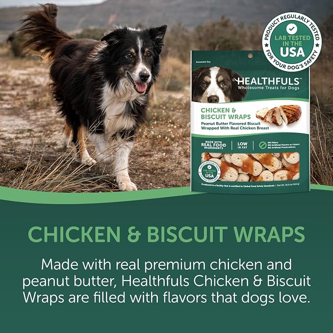 HEALTHFULS Chicken & Peanut Butter Healthy Dog Treats – High-Protein, Low-Fat, Biscuit Wraps with Real Peanut Butter – 16 oz