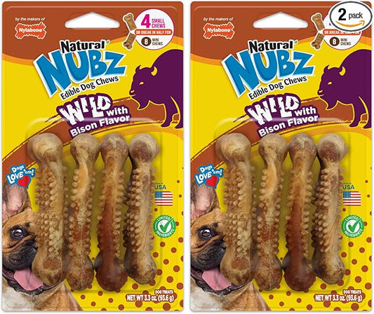 Nylabone Nubz Wild Natural Edible Chew Treats for Dogs, Made in USA, Bison Flavor, Small - Up to 25 lbs. (4 Count) (Pack of 2)