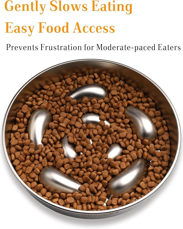 Stainless Steel Dog Bowls for Flat-Faced Brachycephalic Breeds,Gentle Slow Feeding Design,Moderately Slow Down Eating Pace,Non-Slip,2.5 Cups Capacity Metal Bowl for Medium Dogs