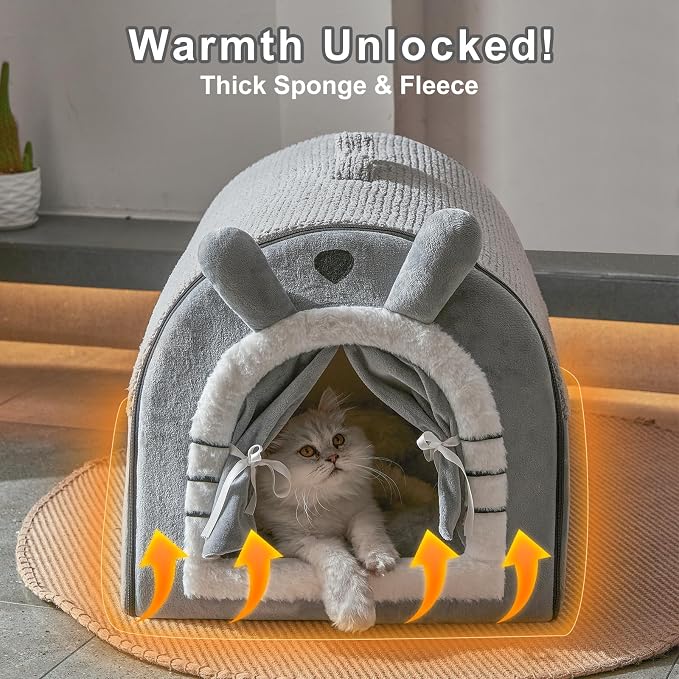 Jiupety Cat Houses for Indoor Cats, Cave Bed with Door Curtain Design, Cute Portable Beds with Reversible Washable Cushion, S Size Up to 6 lb Cat and 4 lb Dog, Non-Slip Bottom, Grey