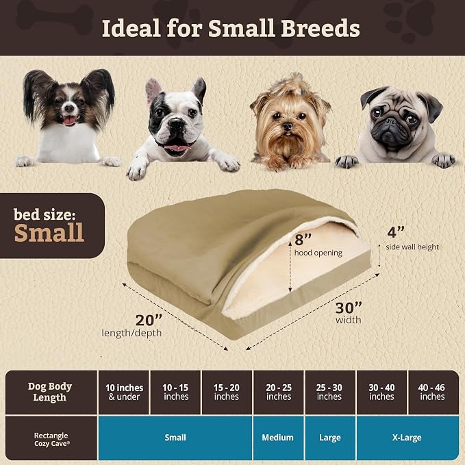 Snoozer Rectangle Cozy Cave Dog Bed - Indoor Dog Bed with Cover Cave, Covered Calming Burrow for Small Sized Pets with Blanket Attached, Enclosed, Washable Cover - Small, Khaki