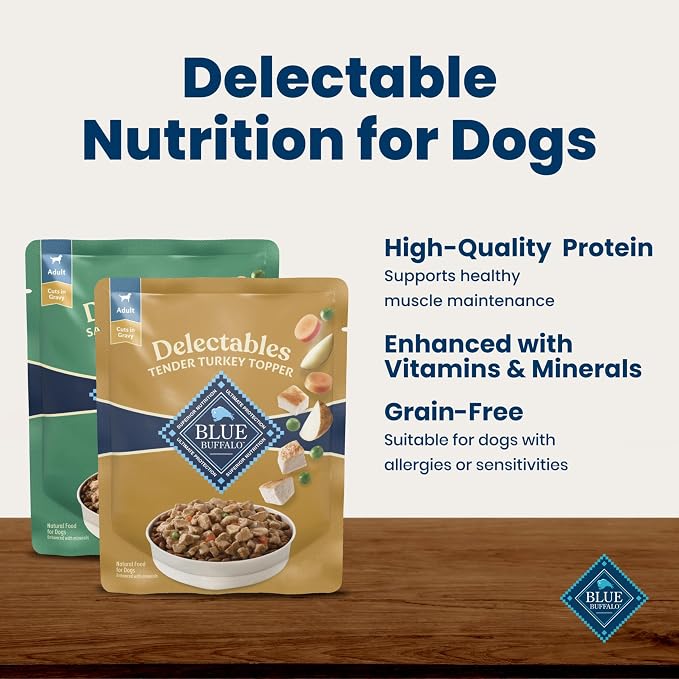 Blue Buffalo Delectables Variety Pack Natural Wet Dog Food Topper (Savory Lamb & Tender Turkey) Tender Cuts in Gravy with Natural Ingredients, Vitamins & Minerals, 3-oz. Each (12 Pouches)