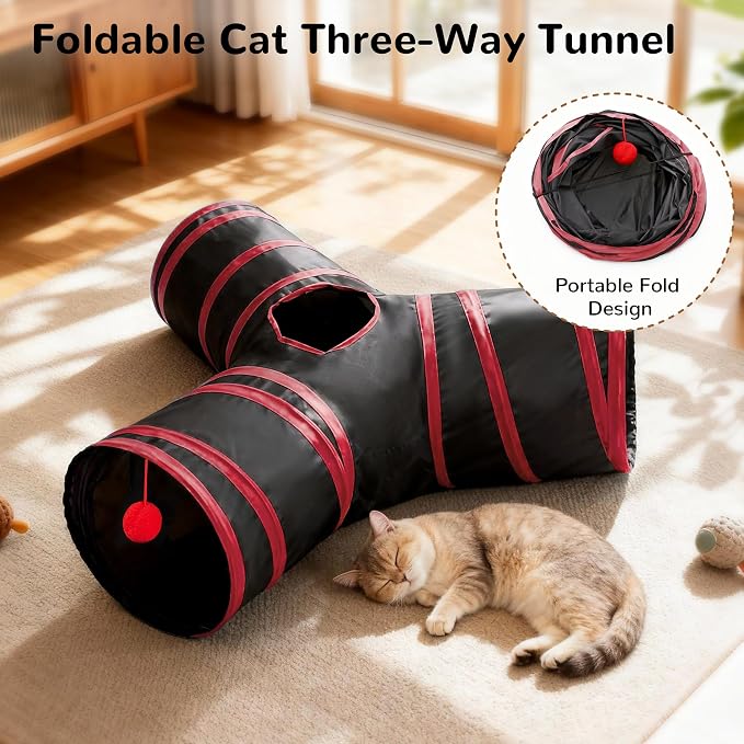 Tempcore Cat Tunnel for Indoor Cats, 3 Way Collapsible Pet Play Tunnel with Teaser Wand, Peek Holes & Hanging Ball, Interactive Tube for Kittens & Rabbits, Black & Red