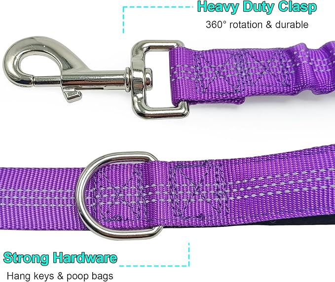 BTINESFUL 8ft Dog Leash with 3 Handles, Triple Handle, Reflective, Shork Absorbing Bungee, Control & Safety Training for Large Medium Dogs (Purple, 1 in x 8 ft)