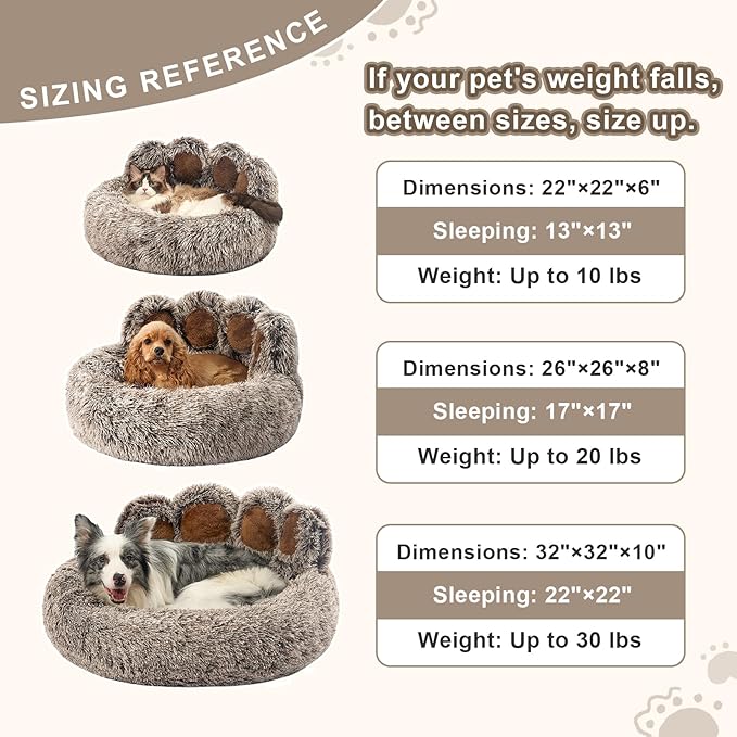 Jiupety Paw Shape Calming Pet Bed, Plush Faux Fur Donut Bed for Dogs & Cats, Machine Washable, Non-Slip Bottom, Medium (22"×22"×6"), Gray