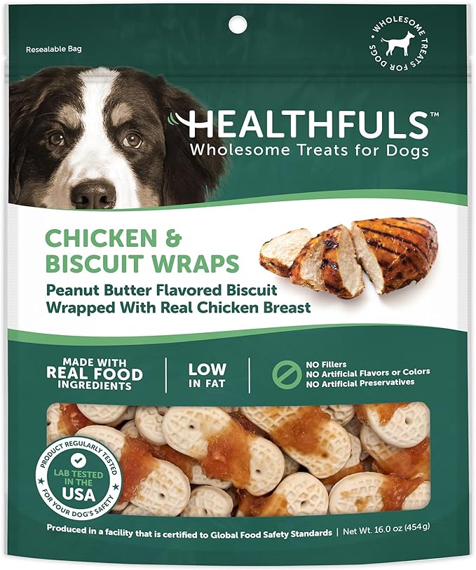 HEALTHFULS Chicken & Peanut Butter Healthy Dog Treats – High-Protein, Low-Fat, Biscuit Wraps with Real Peanut Butter – 16 oz