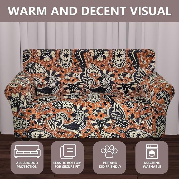 Stretch Couch Covers for 2 Separate Cushion Couch Sofa - Floral Printed Couch Sofa Cover ,Washable Sofa Slipcover,Pet Friendly Furniture Protector with Elastic Bottom,Universal Fit for Home(Loveseat)