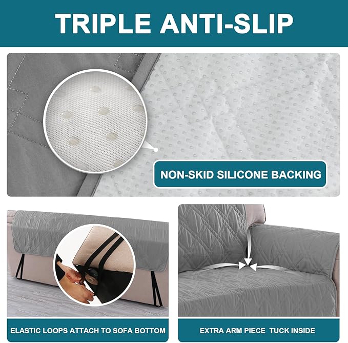 Turquoize 100% Waterproof Couch Cover Sofa Covers for 2 Cushion Couch Loveseat Covers Triple Non-Slip Washable Furniture Protector Cover for Pets, Kids, Dog (Loveseat 54", Light Gray)