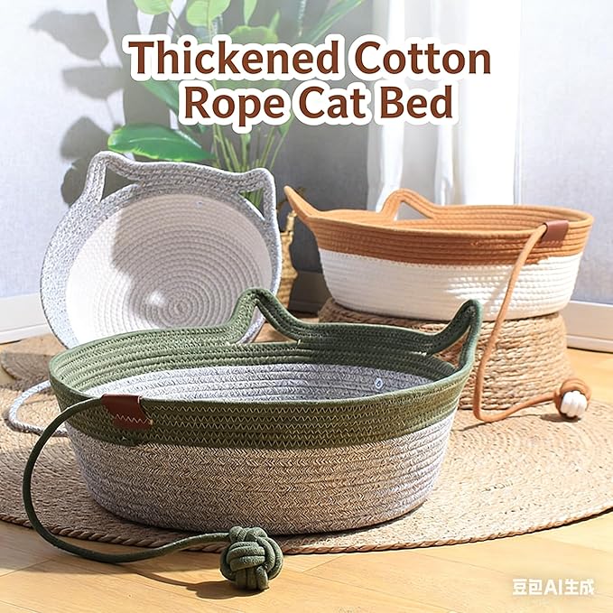 Instinct Basket for Cats & Cotton pad Stimuli Cat Bed with Toy Tail Cats Ear Design Breathable All Season Universal Scratch-Resistant (Grey, S)