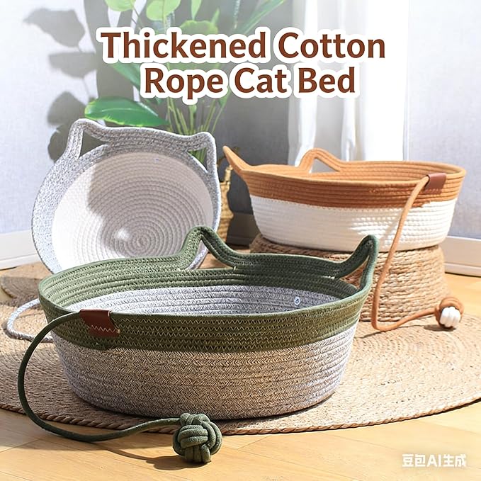 Instinct Basket for Cats & Cotton pad Stimuli Cat Bed with Toy Tail Cats Ear Design Breathable All Season Universal Scratch-Resistant (Caramel Color, M)
