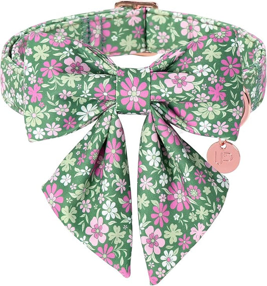 St. Patrick's Day Dog Collar with Bow Tie, Lucky Shamrock Bowtie Collar Adjustable for Girl Boy Dog, Trefoil Dog Collar Durable, Spring Green Collar for Dogs, XS