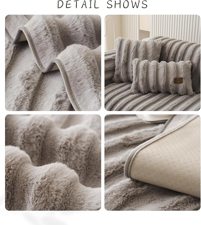 Fuzzy Rabbit Plush Sofa Cover Thick Soft Fur Sectional Couch Cover Furry Fluffy Cushion Cover Non-Slip Sofa Slipcovers Vertical Stripe Furniture Protector for Dogs Cats(Light Grey,36"x70")