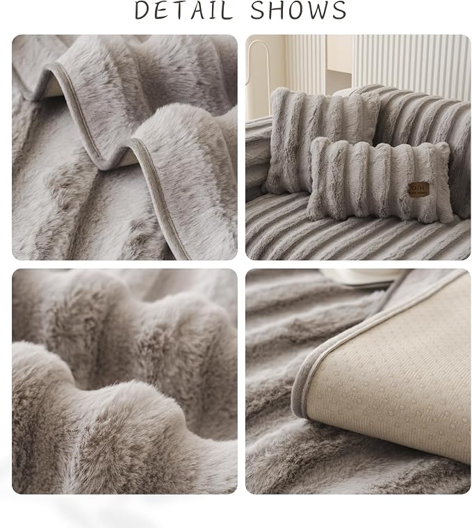 Fuzzy Rabbit Plush Sofa Cover Thick Soft Fur Sectional Couch Cover Furry Fluffy Cushion Cover Non-Slip Sofa Slipcovers Vertical Stripe Furniture Protector for Dogs Cats(Light Grey,28"x47")