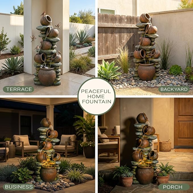 60" H Large Outdoor Water Fountain, 5-Tier Cascading Waterfall Fountain Feature with LED Lights, Rustic Crock Garden Water Feature for Patio, Backyard, Porch, Indoor & Outdoor Décor