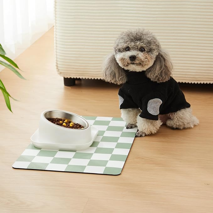 Checkered Dog Feeding Mat, Absorbent Mats for Dog Food and Water Bowl, Dispenser, Retro Modern Aesthetic Sage Green Checkerboard Pet Placemat for Dogs, Cats, Puppy Accessories, 12" X19”