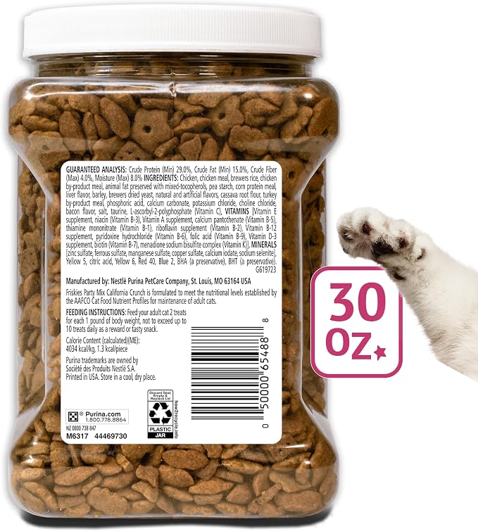 Purina Friskies Party Mix California Crunch with Chicken and Flavors of Turkey and Bacon Cat Treats - 30 oz Canister