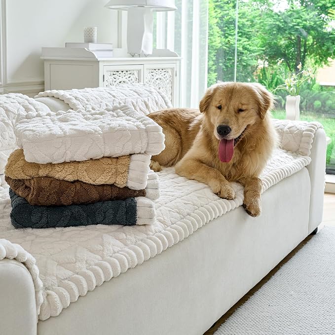 Fuzzy Couch Covers for Dogs, Non Slip Thick Dog Couch Cover Protector, Plush Pet Couch Covers for Sofa Washable, Soft Sofa Cushion Slipcovers Pet Friendly(1PC, Beige White, 27.6”x94.5”)