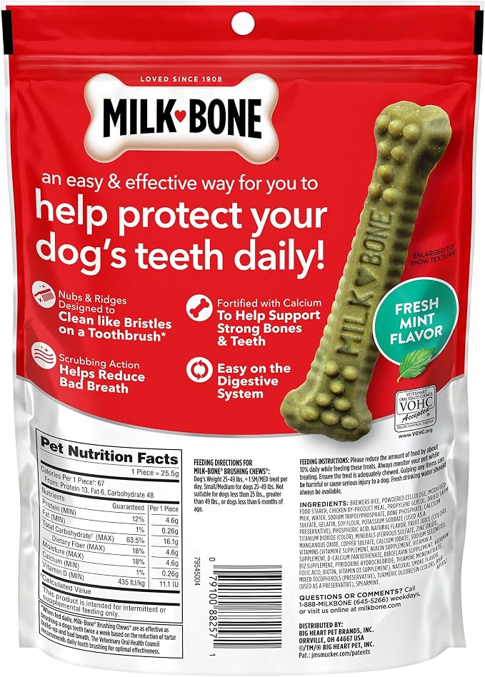Milk-Bone Brushing Chews Original Chicken Flavor Daily Dental Dog Treats, Small/Medium, 7.1 Oz. Bag (Pack of 5) Dog Treats, Fresh Breath, Small/Medium, 7.1 Oz. Bags, 9 Bones Per Bag (Pack of 5)