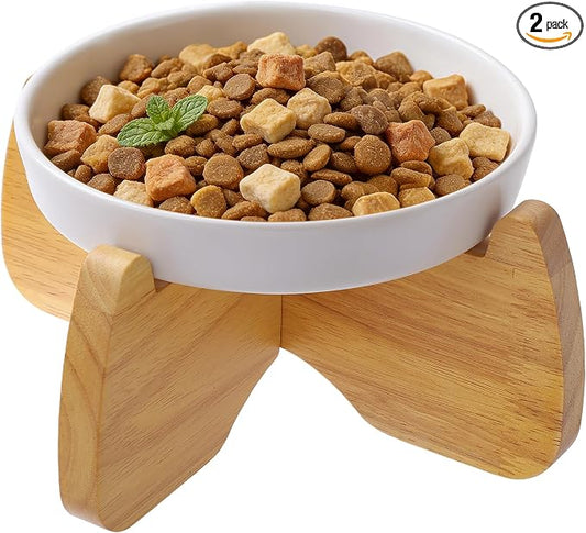 Raised Cat Bowl, 6.3'' Wide Shallow Elevated Cat Food Bowl, Ceramic Anti Vomit Pet Feeder with Stand, Anti Whisker Fatigue Neck Protective Feeding Dish for Kittens & Seniors (1 Pack)