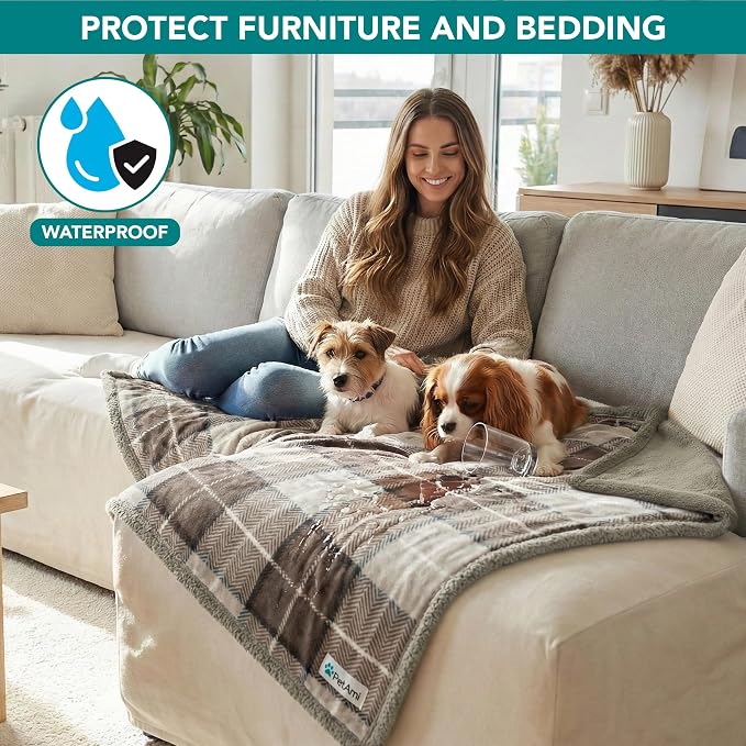 PetAmi Waterproof Dog Blanket for Couch, Pee Proof Sherpa Fleece Reversible Pet Throw, Furniture Protector for Bed Sofa Kennel, Soft Washable Cover for Small Medium Dog Puppy Cat, 29x40 Plaid Taupe