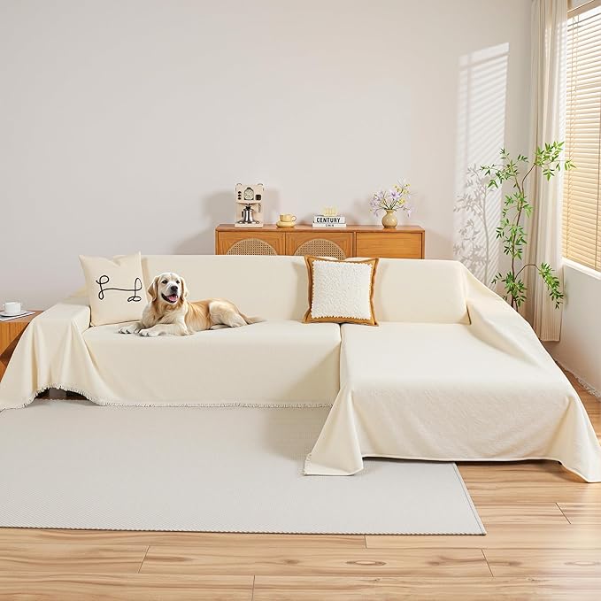 MYSKY HOME Couch Cover for Sectional Sofa, 2 Pieces Chenille Couch Covers for L Shape Sofa Cover, Furniture Protector for Pets, Kids, Sofa Slipcover for 2-3 Cushion Couch (71"x118"+71"x118", Beige)