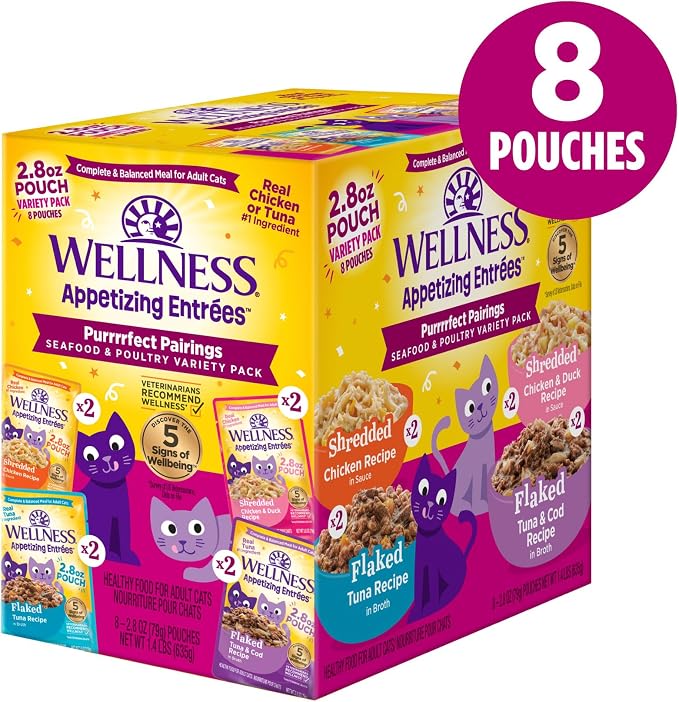 Wellness Appetizing Entrées Flaked, Shredded and Mousse Variety Pack Adult Wet Cat Food, Natural, Protein-Rich, Grain Free, Seafood & Poultry Recipes, 2.8 oz, Pack of 8 Pouches