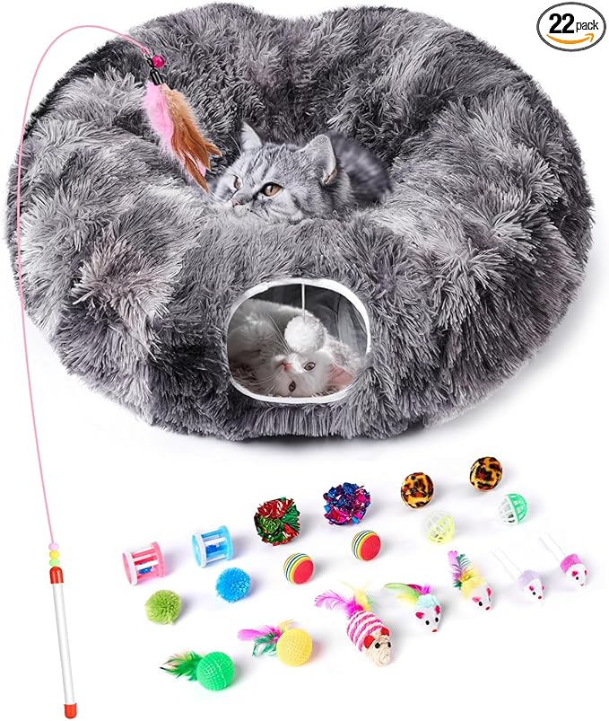 Cat Tunnel Bed with 20 Pcs Interactive Toys, 3-in-1 DIY Collapsible Plush Cat Tube with Washable Mat, Large Indoor Play Tunnel Cave for Kittens and Small Animals