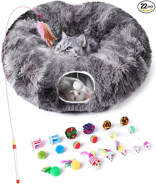 Cat Tunnel Bed with 20 Pcs Interactive Toys, 3-in-1 DIY Collapsible Plush Cat Tube with Washable Mat, Large Indoor Play Tunnel Cave for Kittens and Small Animals