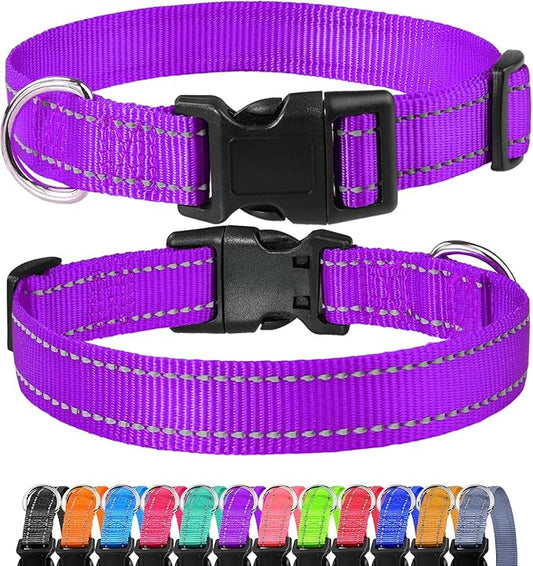 FunTags Length 16" - 24" Reflective Purple Dog Collar for Large Dogs – Night Walking & Training Safety, Durable Quick Release Buckle, Nylon, Comfortable Adjustable, Width 1"