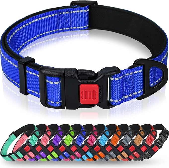 Taglory Reflective Dog Collar for Extra Large Dogs, Soft Neoprene Padded with Escape-Proof Locking Buckle, Upgraded Zinc Alloy Ring, Adjustable for Daily Walking, Blue,XL