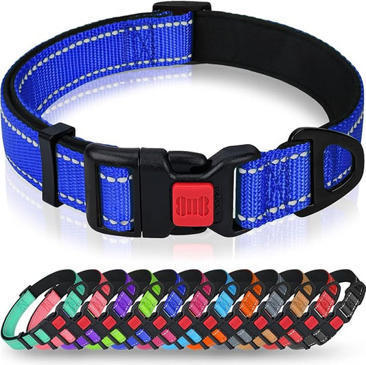 Taglory Reflective Dog Collar for Extra Large Dogs, Soft Neoprene Padded with Escape-Proof Locking Buckle, Upgraded Zinc Alloy Ring, Adjustable for Daily Walking, Blue,XL