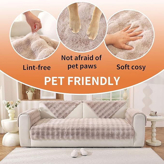 Waterproof Dog Bed Cover Non Slip Couch Covers for Dogs Washable Soft Faux Fur Sofa Cover Couch Covers for 3 Cushion Couch Sofa Pet Friendly (Khaki)