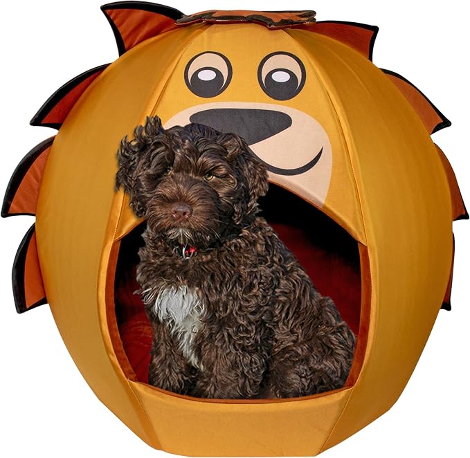 Maccabi Art Lion Theme Dog Bed - Cute Igloo Style Pet Bet - Fits Medium Dogs, Puppies, Cats - Pillow Insert with Plush Lined Interrior, Non-Slip Igloo Design - 25 x 25 x 22