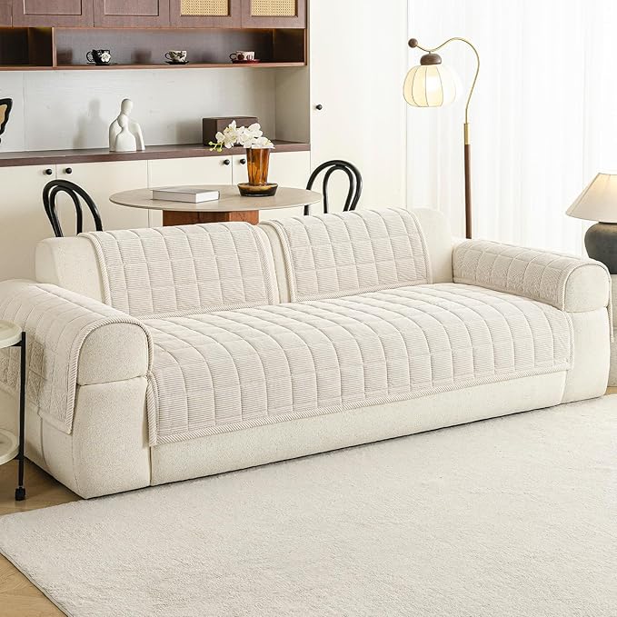 Velvet Couch Covers for Sectional Sofa Washable, Non-Slip L Shaped Sectional Couch Cover, Soft Pet Couch Covers for Sofa, Furniture Slipcovers for Loveseat(1PC,35"x63",Beige White)