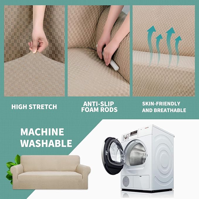 YEMYHOM Couch Cover Latest Jacquard Design High Stretch Sofa Covers for 3 Cushion Couch, Pet Dog Cat Proof Slipcover Non Slip Magic Elastic Furniture Protector (Sofa, Khaki)