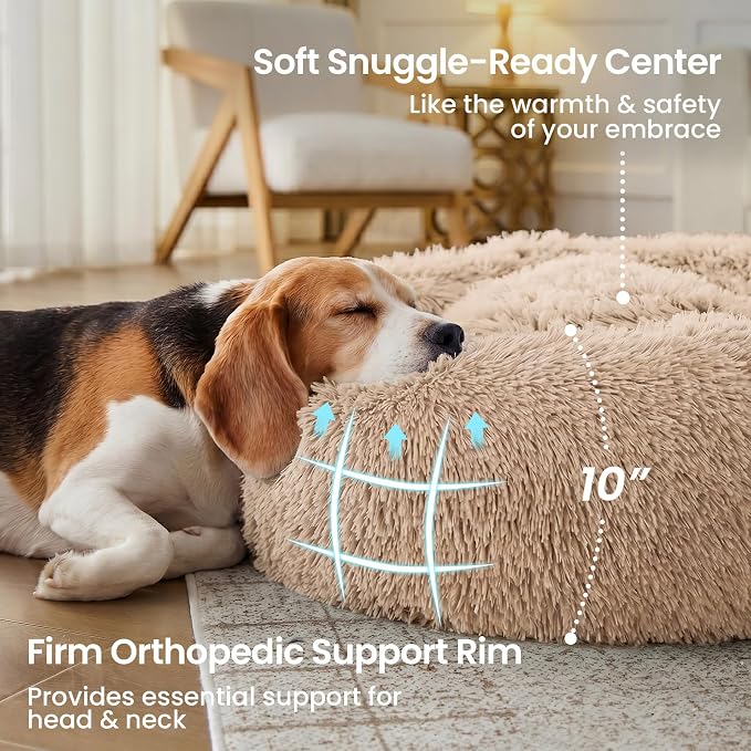 JOLLYVOGUE Calming Dog Beds Extra Large Sized Dog, 45in Donut Washable Large Pet Bed, Anti-Slip & Anti-Anxiety Fluffy Faux Fur Round Dogs Bed, Fits up to 125 lbs Pets (Camel)