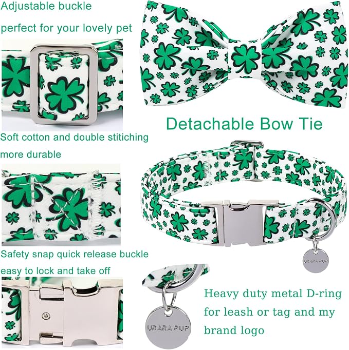 St. Patrick's Day Dog Collar with Bow Tie, Spring Shamrock Bowtie Collar for Girl Boy Dog, Lucky Clover Dog Collar with Metal Buckle, Green Collar for Dogs, XL