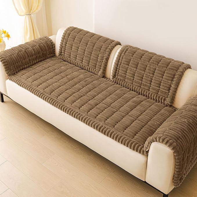 hyha Couch Cover for Dogs Washable, Non Slip Thick Flannel Sofa Protector, Pet Friendly Plush Furniture Cover for Sectional Sofa & Loveseat (Mocha, 35.4" x 88")