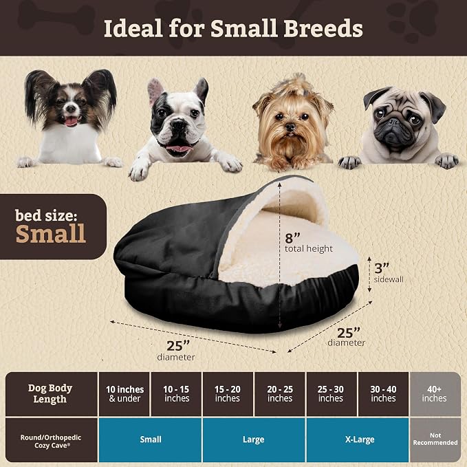 Snoozer Cozy Cave Dog Bed - Indoor Dog Bed with Cover Cave, Covered Calming Burrow for Small Sized Pets with Blanket Attached, Enclosed, Removable Washable Cover - Small, Black