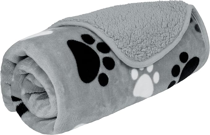 PETAMI Sherpa Fleece Waterproof CAT and Dog Blanket, PAW Gray, Small