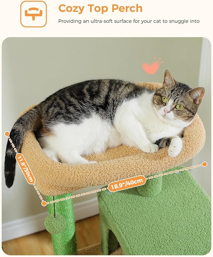 MUTTROS Cactus Cat Tree for Indoor Cats, 45.7" Multi-Level Cat Tower with Large Metal Frame Hammock, Cat Condo with 4 Scratching Posts and Top Perch, Green