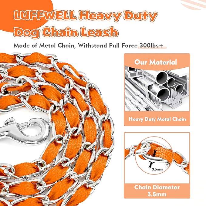 Heavy Duty Metal Dog Chain Leash with Comfortable PU Leather Padded Handle, Chew Proof for Medium Large Pooch Walking Training (6FT 3.0mm Orange)