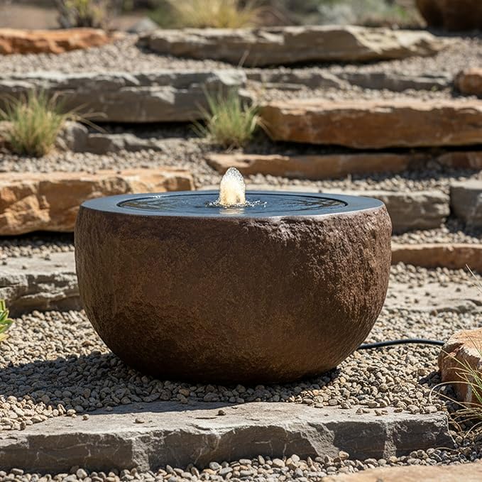 Sunnydaze Outdoor Water Fountain with LED Light - Polystone Round Bowl Bubbler Water Feature with Pump - 9.5" H - for Patio, Garden, Deck, Relaxation and Stress Relief - Brown