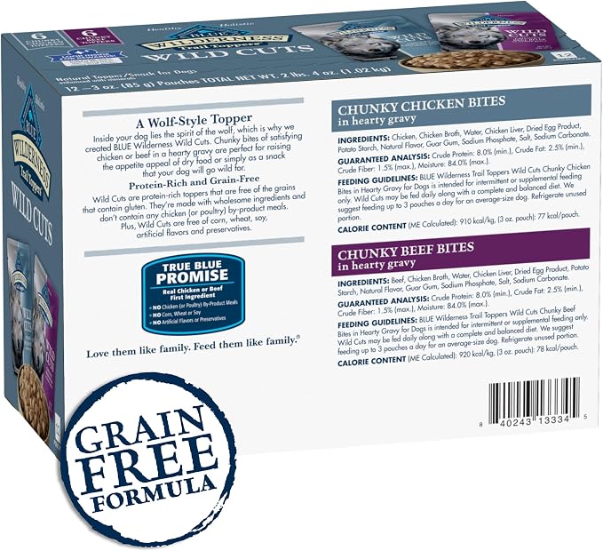 Blue Buffalo Wilderness Trail Toppers Wild Cuts Chicken & Beef Variety Pack, Natural Wet Dog Food Made with Natural Ingredients, Protein-Rich & Grain-Free Recipes, 3-oz. Each (12 Pouches)
