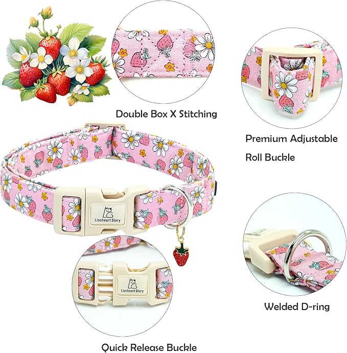 Lionheart glory Dog Collar Strawberries Print Pink Dog Collars Girl Spring Summer Cute Collar Pet Gift Durable Adjustable Dog Collar for Small Dogs