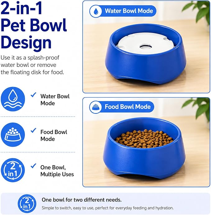 No Spill Dog Water Bowl, Pet Floating Water Bowl No Wet Mouth, Anti Splash & Anti Tip Slow Water Feeder, Keeps Fur Dry Clean Drinking Bowl for Dogs & Cats, Large Capacity Travel Friendly