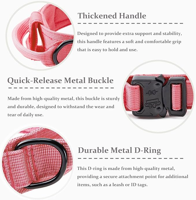 Tactical Dog Collar, Adjustable Military Training Nylon Dog Collar with Control Handle and Heavy Quick-Release Metal Buckle for Small Medium Large Dogs, Light Pink XXL