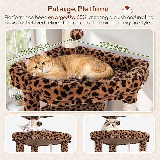 Globlazer Large Perch Leopard Cat Tree, 65in Sturdy Cat Scratching Tree for Indoor Cats Large Adult, Big Cat Tower with 3 Padded Perches, 6 Scratching Posts, Cat Condo, Hammock, S65, Leopard Print